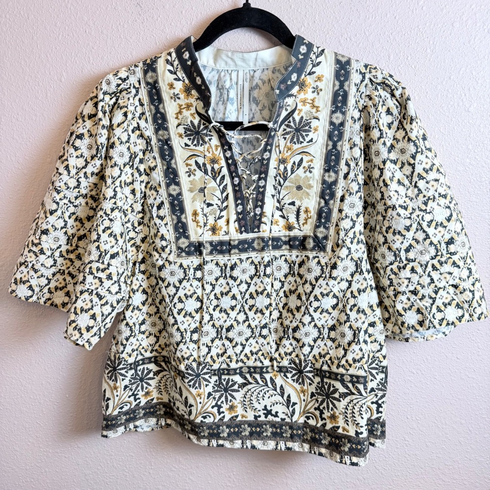 Anthropologie Pleated Puff Sleeve Blouse Black Motif Boho Floral Lace Up Small